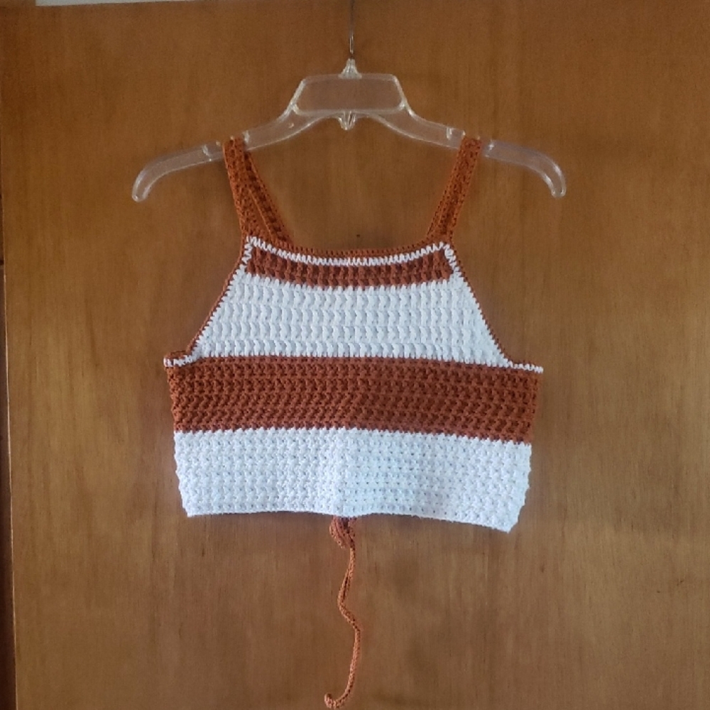Handmade Crochet Crop Top - White and Brown